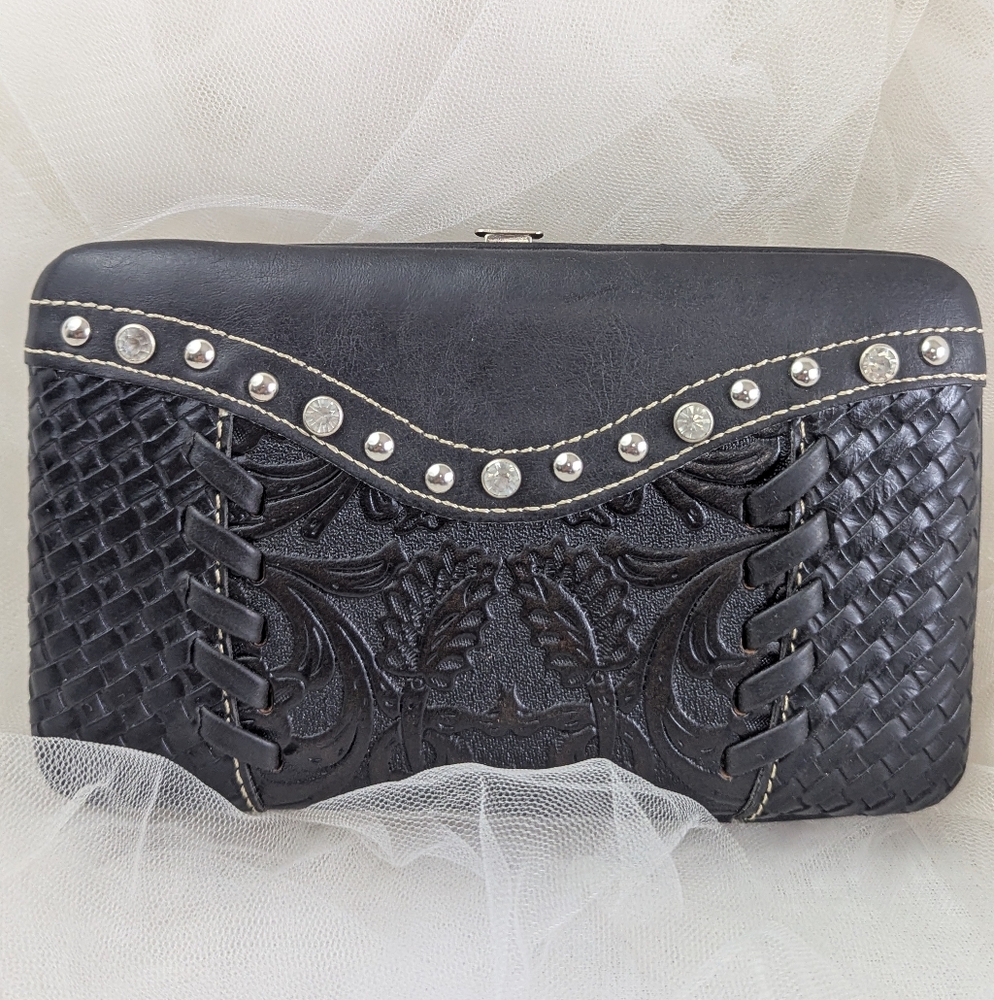 Montana West NWT Tooled Black Leather Wallet Rhinestone & Silver Embellish…